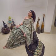 Green Bagru print Chanderi saree