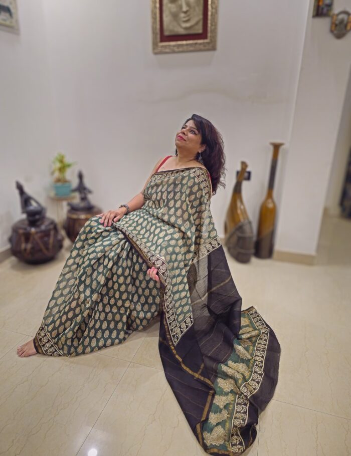 Green Bagru print Chanderi saree