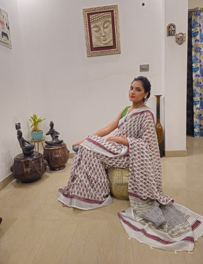 Pink linen zari saree “Gulabi Chameli”