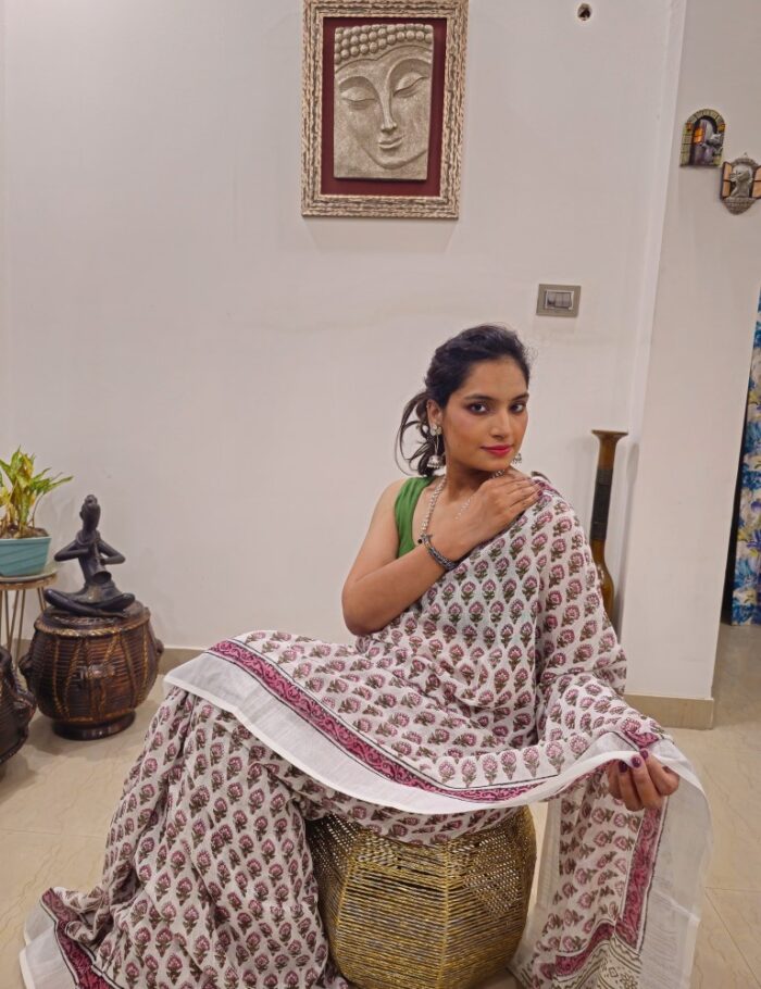 Gulabi Chameli Linen Zari Saree