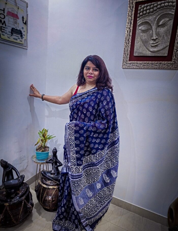 Gehra Ambar Bagru Linen Saree