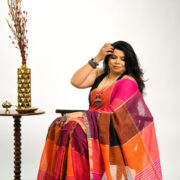 Red Shatranj Linen Zari Saree