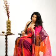 Shatranj Red Linen Saree