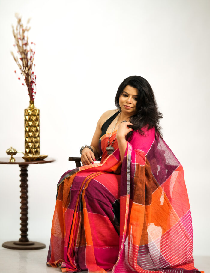 Shatranj Red Linen Saree