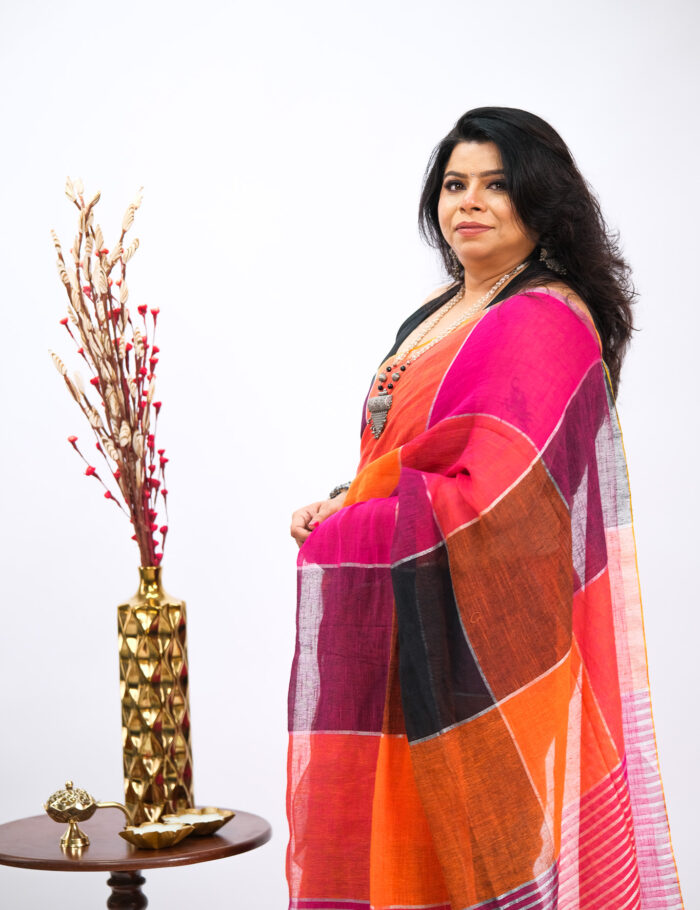 Red Shatranj Linen Saree