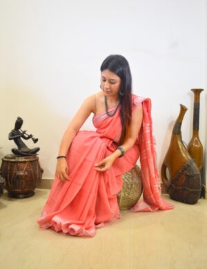 Libra Salmon Pink Linen Handloom Saree
