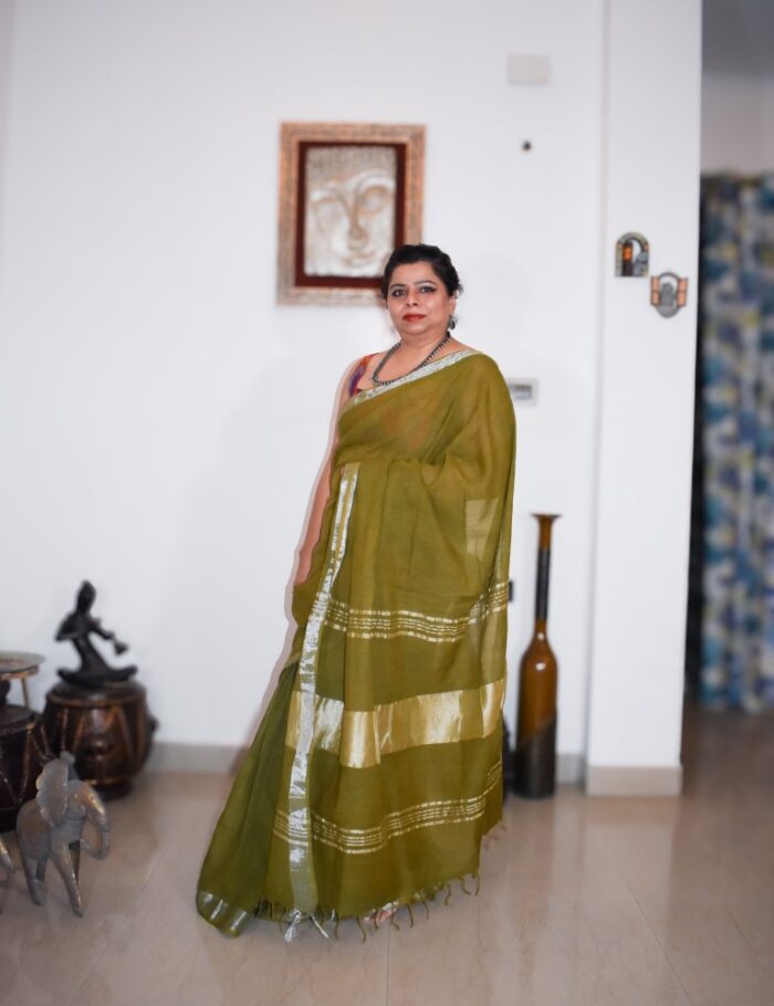 Traditional Olive Green Linen Saree