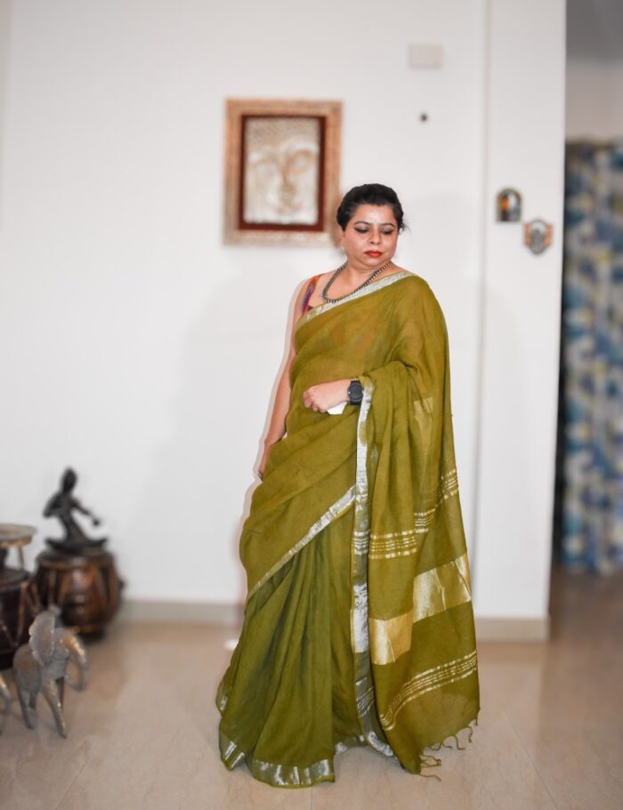 Olive Green Linen Saree