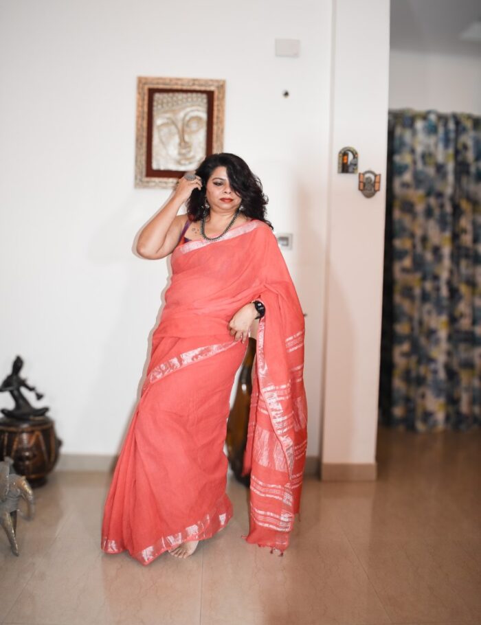 DSC_0413-2 Handwoven Peach Linen Saree