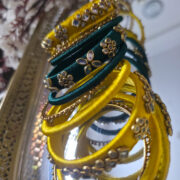 Yellow-Teal Silk Thread Kundan Bangle Set