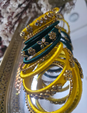 Yellow-Teal Silk Thread Kundan Bangle Set