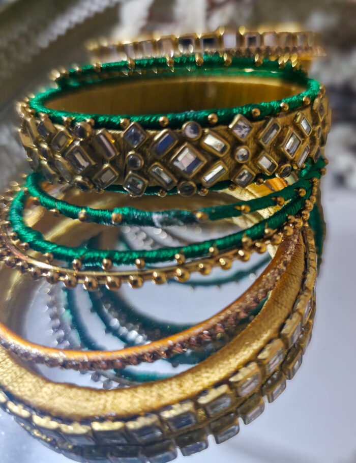 20250927_221704-2 Silk-wrapped kundan bangles in green and gold