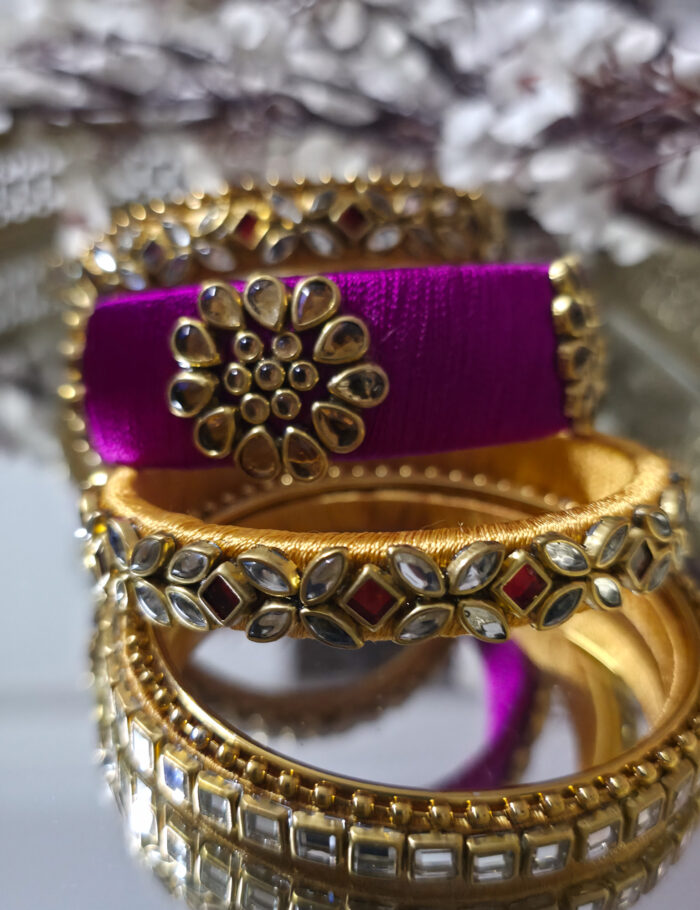 Magenta-gold silk bangles