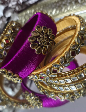 Magenta & Gold Silk Thread Kundan Bangles