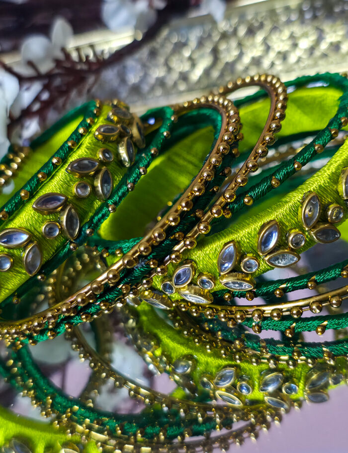 Light & Dark Green Silk Thread Kundan Bangles Set,