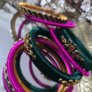 Green and pink silk thread bangle set