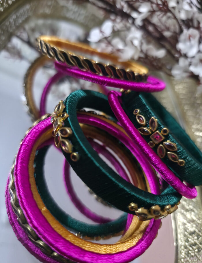Green and pink silk thread bangle set