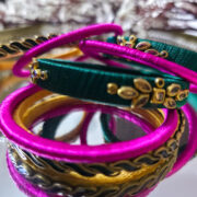 Green-pink silk thread bracelets for traditional wear