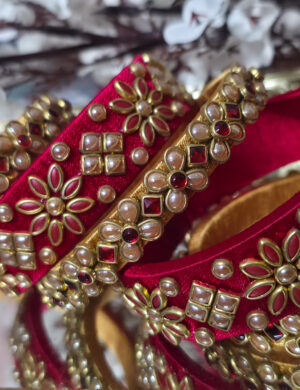 Red Silk Thread Kundan Bangles Set