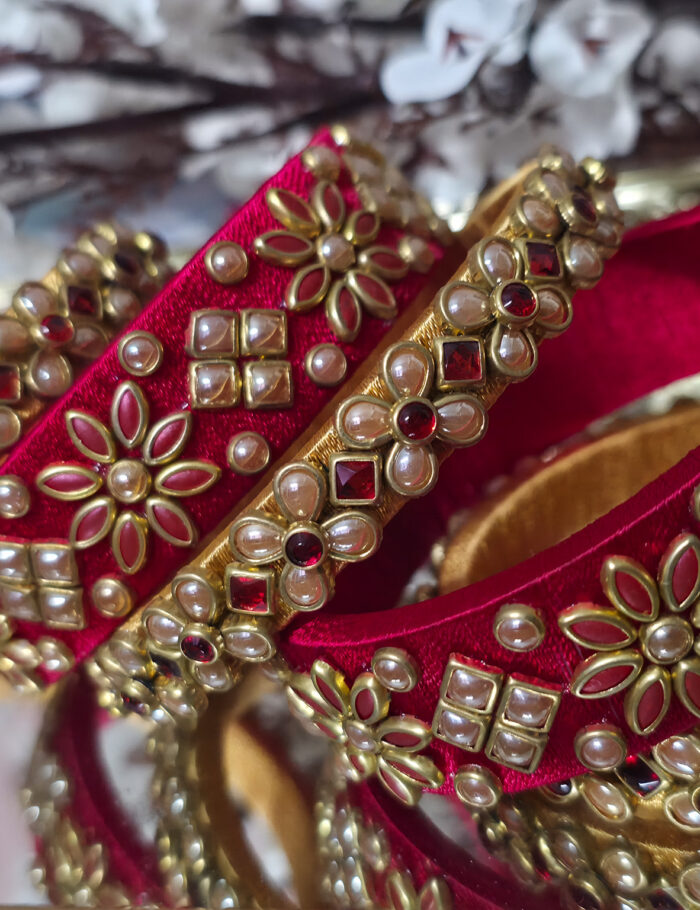 Red Silk Thread Kundan Bangles Set