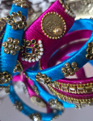 Pink & Turquoise Silk Thread Bangles Set