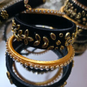 Black Beige Silk Thread Kundan Bangles Set