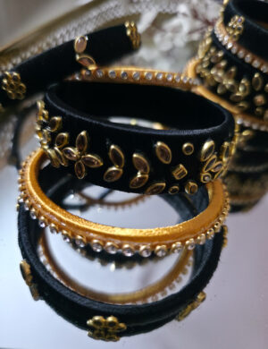 Black Beige Silk Thread Kundan Bangles Set
