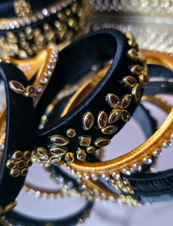 20251002_234014 Black and beige silk thread kundan bangle set