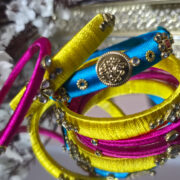 Silk thread bangles in blue and yellow