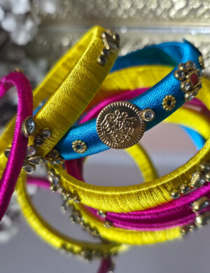 Handcrafted blue and yellow thread bangle set