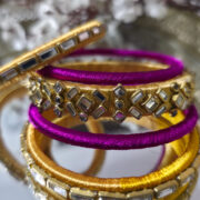 Gold Magenta Silk Thread Kundan Bangles Set