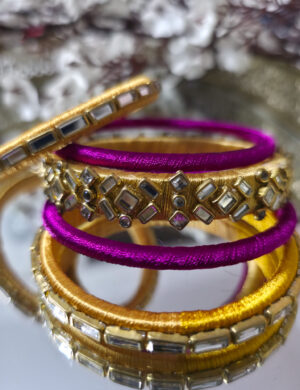 Gold Magenta Silk Thread Kundan Bangles Set