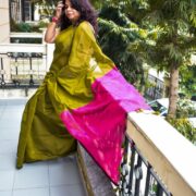 Blue khadi saree with wave pattern