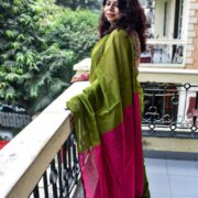 Teal-blue khadi cotton saree