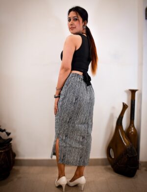 Hand-block Bagru cotton skirt in beige