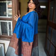Teal-blue khadi cotton saree