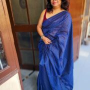Dark blue handwoven cotton saree