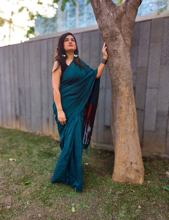 Leher Khadi Saree Firozi