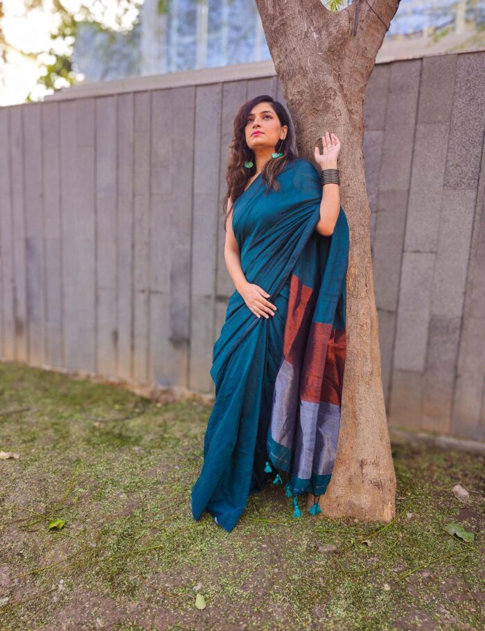 Turquoise Khadi Cotton Saree