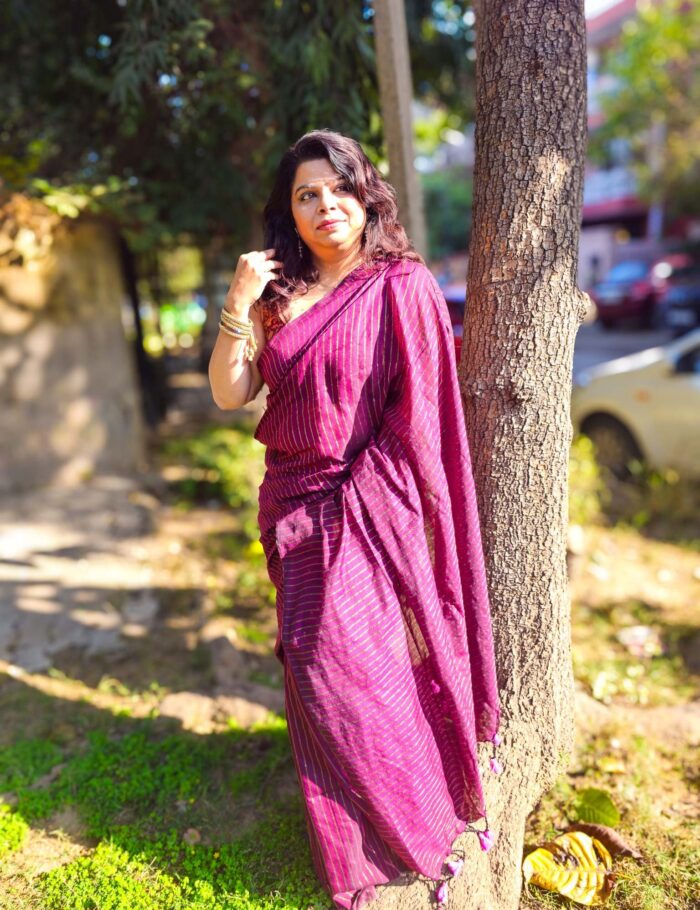 Designer khadi cotton saree in wine with golden lakeer