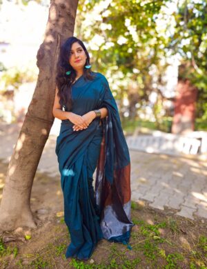 Firozi Lehar Khadi Cotton Saree