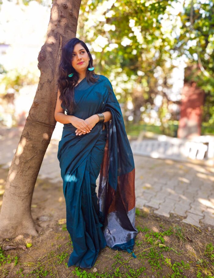 Firozi Lehar Khadi Cotton Saree