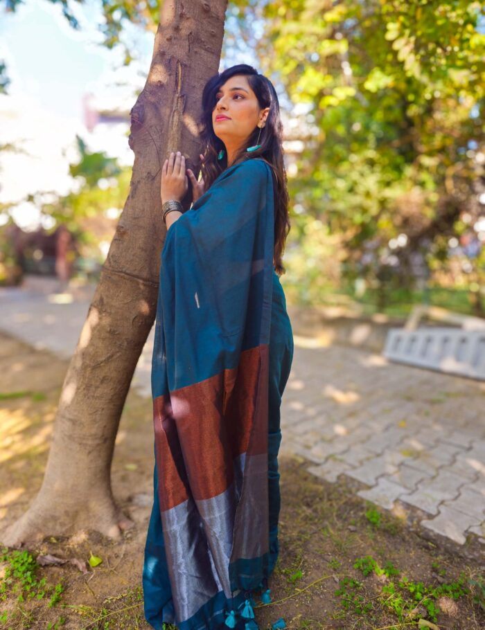 Khadi Cotton Saree Firozi