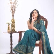 Teal cotton saree with zari border