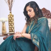 Teal khadi saree, traditional zari trim