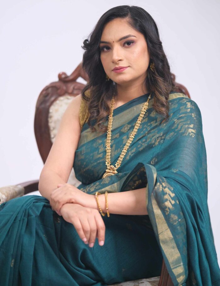 Teal cotton saree with zari detail