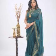 Teal khadi saree, golden border