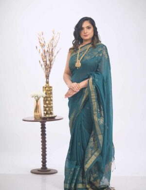 Teal khadi saree, golden border