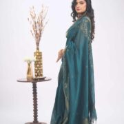 Teal khadi cotton saree with zari
