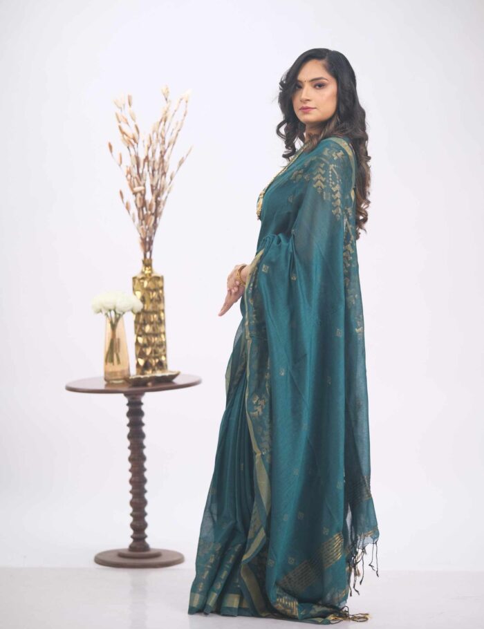 Teal khadi cotton saree with zari